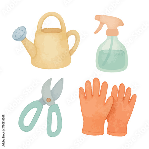 Cute Gardening Tools Set with Gloves and Watering Can. Vector Illustration. AI Generative