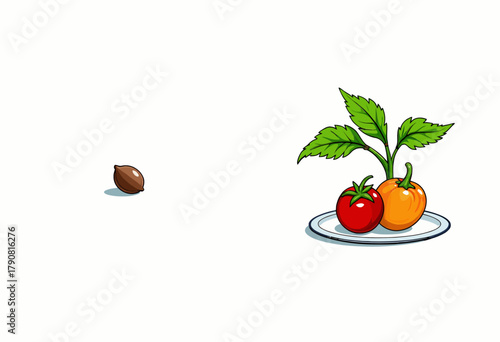 Illustration of Seed and Growing Tomato Plant with Red and Orange Ripe Tomatoes on Plate Highlighting the Transformation of Plant Life