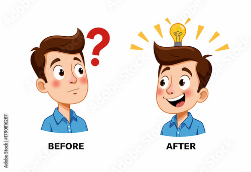 Illustration of transformative thinking depicting a curious boy with a question mark evolving into an enlightened moment with a glowing light bulb symbolizing ideas