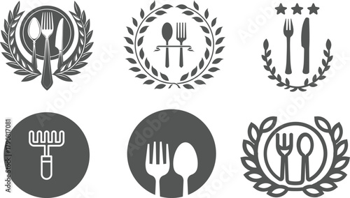 Set of fork, knife, spoon. Logotype menu. Set in flat style. Silhouette of cutlery. Vector illustration. Food icon. Fork knife spoon sign set. Plate symbol. Breakfast lunch dinner icon. Menu sign.