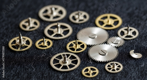 A close up shot of assorted watch gears and components scattered on a dark textured surface showing detail