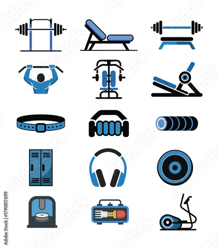 Professional Gym Equipment Icons Set Weightlifting Cardio Fitness Gear