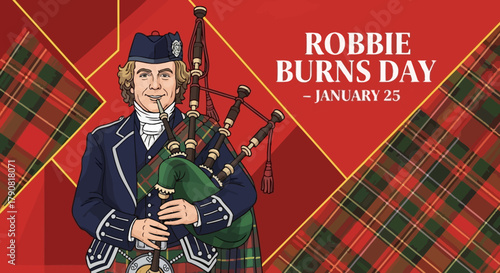 Robbie Burns Day Celebration with Bagpiper and Tartan Design.