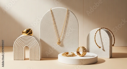 Elegant golden jewelry arrangement showcasing necklace, ring, earrings and bracelet on neutral