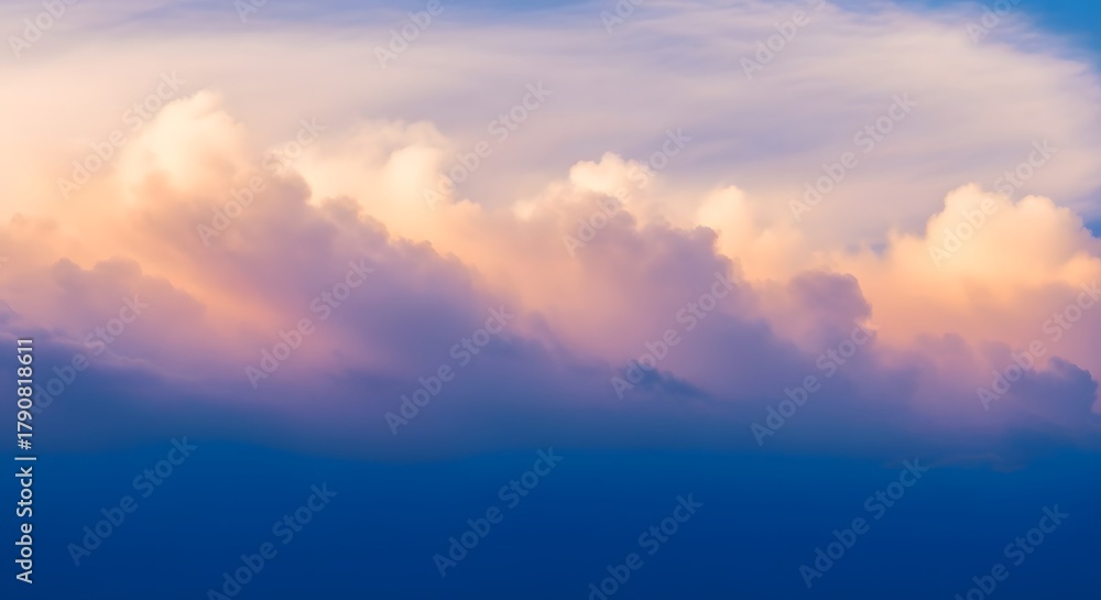 Naklejka premium Dramatic colorful sky with pink and orange pastel clouds in sunset over blue horizon