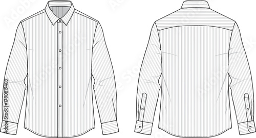 Classic striped formal long sleeve shirt vector template with front back and side view detailed fashion flat sketch