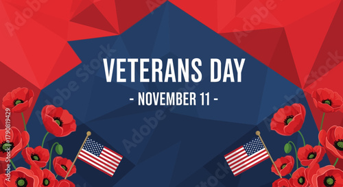 Veterans Day Remembrance with Poppies and American Flags.