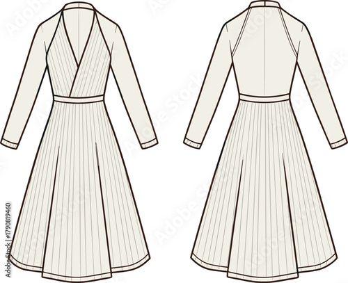 Elegant long sleeve pleated midi dress flat fashion sketch vector with wrap V-neck and flared skirt illustration