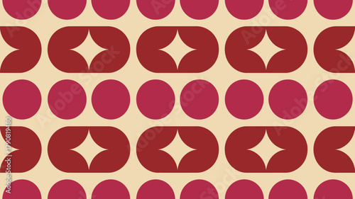 Pattern with circles and rounded rectangles containing diamond shapes in red and beige color scheme