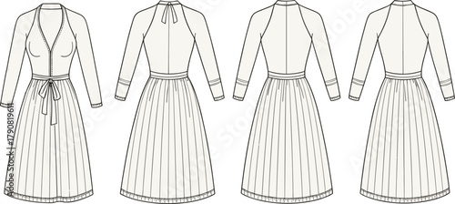 Elegant women’s long sleeve pleated dress fashion flat sketch with deep V-neck, waist tie belt and back bow