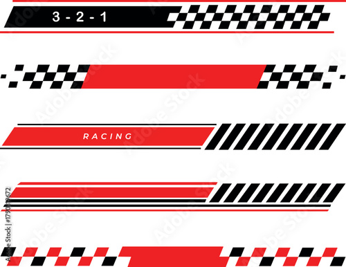 Racing Stripes Vector Set with Checkered Flag Pattern and Speed Lines in Red and Black