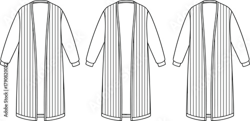 Women’s long striped open front cardigan coat fashion flat sketch design with cuffed sleeves and elegant minimal style