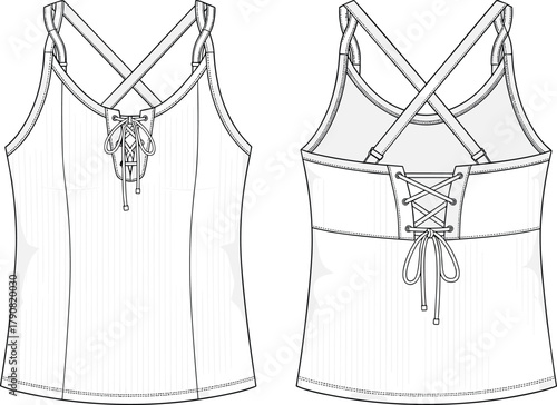 Women’s lace-up front and back crisscross strap tank top vector fashion flat technical design illustration