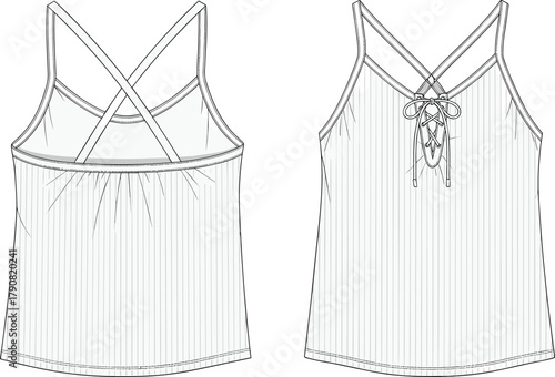 Women’s sleeveless crisscross strap lace-up front tank top technical flat fashion vector design front and back view