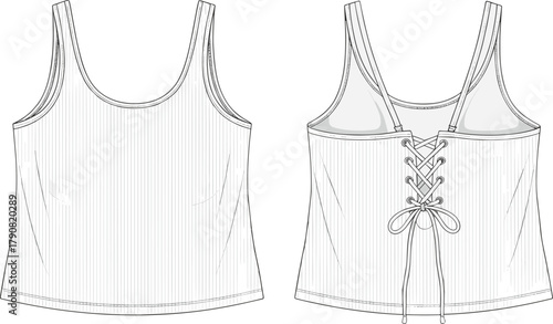 Women’s sleeveless lace-up back tank top fashion flat sketch front and back view detailed technical vector design