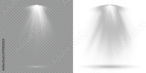Vector Spotlights. Transparent background. Overlay effects simulate professional studio illumination. Stage spotlights emit strong white directional light beams. Projection studio lights beam. Scene.