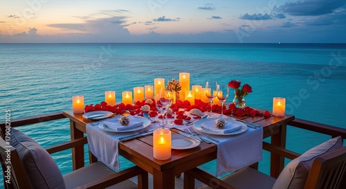 Romantic candlelit dinner table set on a wooden deck overlooking a stunning turquoise ocean view