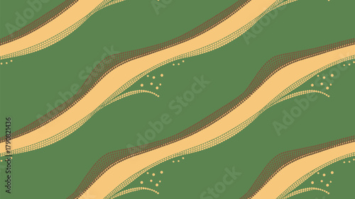 Wavy tan and brown lines with dots on a green background create a repeating pattern design effect