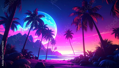 Fototapeta Naklejka Na Ścianę i Meble -  Neon beach landscape with palm trees silhouettes against a vibrant sunset and a large, blue moon