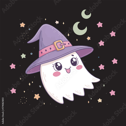 cartoon witch flying on a broom over the snowy moonlit winter night