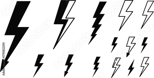 Lightning bolt symbol collection, electric power energy icons, thunder flash strike shapes vector, electricity danger warning design, minimalist black outline illustration