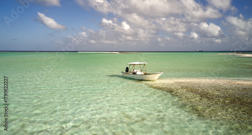 Принти на полотні ly fisherman preparing to wade the shallow tropical flats beside a skiff on Kiritimati (Christmas Island), Kiribati