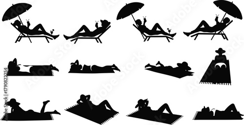 Summer beach relaxing people silhouette collection, sunbathing on lounge chairs and mats under umbrellas, vacation leisure vector, tropical holiday illustration design