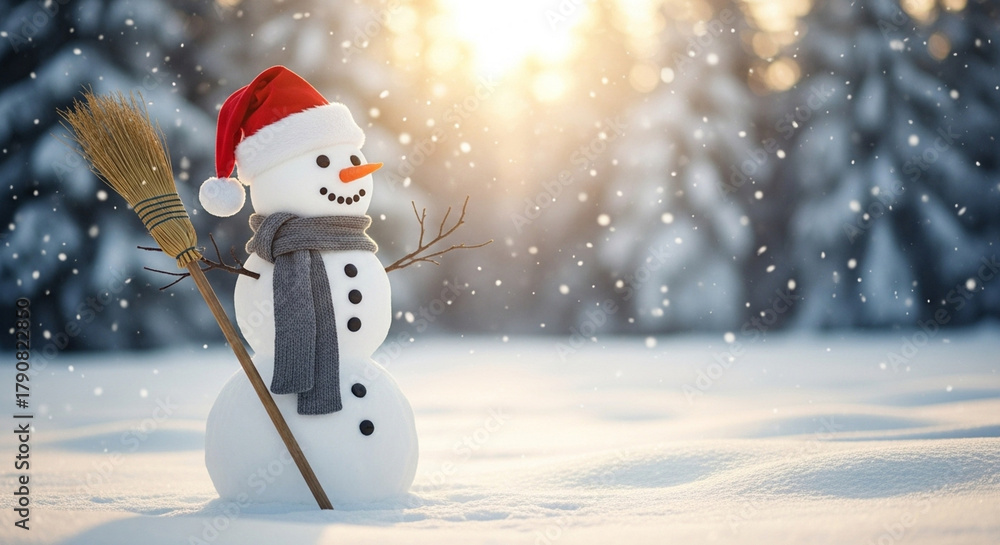 Fototapeta premium Festive Snowman with a Red Hat and Broom Enjoying a Snowy Winter Scene