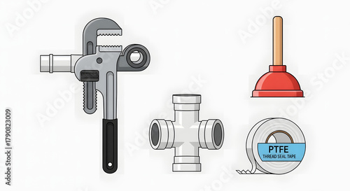 Plumbing Tools and Components, A Selection of Illustrated Plumbing Essentials