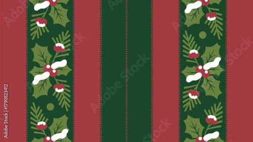 A christmas pattern with holly berries and pine needles on a red and green striped background design
