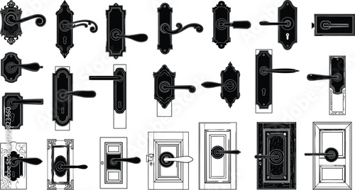 Vintage and modern door handle designs collection, ornate and simple architectural hardware, elegant black vector set, detailed decorative flat illustration
