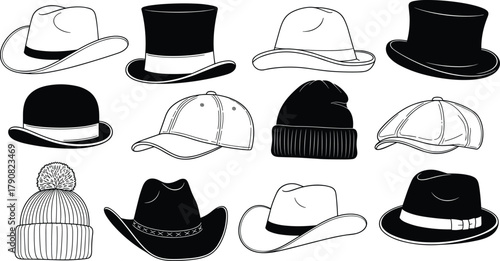 Collection of various hat styles including cowboy, top hat, cap, beanie, and fedora, classic fashion accessories, detailed black vector illustration