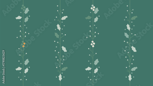 Four stylized vertical floral patterns with leaves and berries on a teal background repeating design