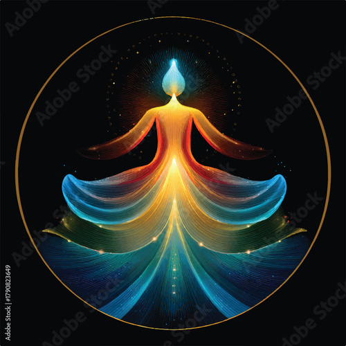 Abstract Spiritual Figure in Meditative Pose with Radiant Light and Vibrant Colors in a Circular Composition Symbolizing Inner Peace and Enlightenment on Black Background