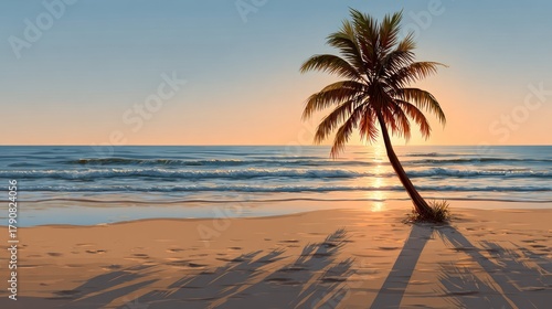Lone palm tree casts long shadows on a sandy beach at sunset.