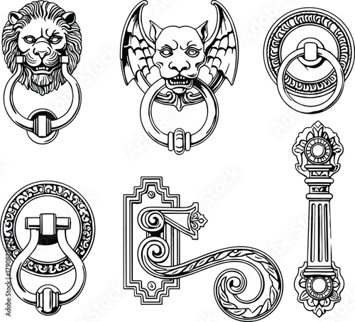 Antique decorative door knockers and handles, vintage lion and gargoyle designs, ornate architectural hardware, black and white line art, detailed vector illustration