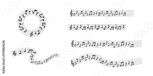 Set of flowing music notes wave vector icons. Music wave sign with different waves. Music note symbol on a white background