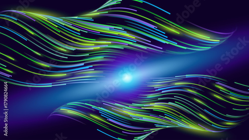 Green Glowing Dots Wave Lines Abstract Background. Futuristic Energy Flow, Digital Tech, Data Stream Design, Sustainable Renewable Energy Presentation Backdrop. Green Tech and Science Vector.