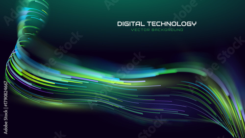 Green Glowing Dots Wave Lines Abstract Background. Futuristic Energy Flow, Digital Tech, Data Stream Design, Sustainable Renewable Energy Presentation Backdrop. Green Tech and Science Vector.