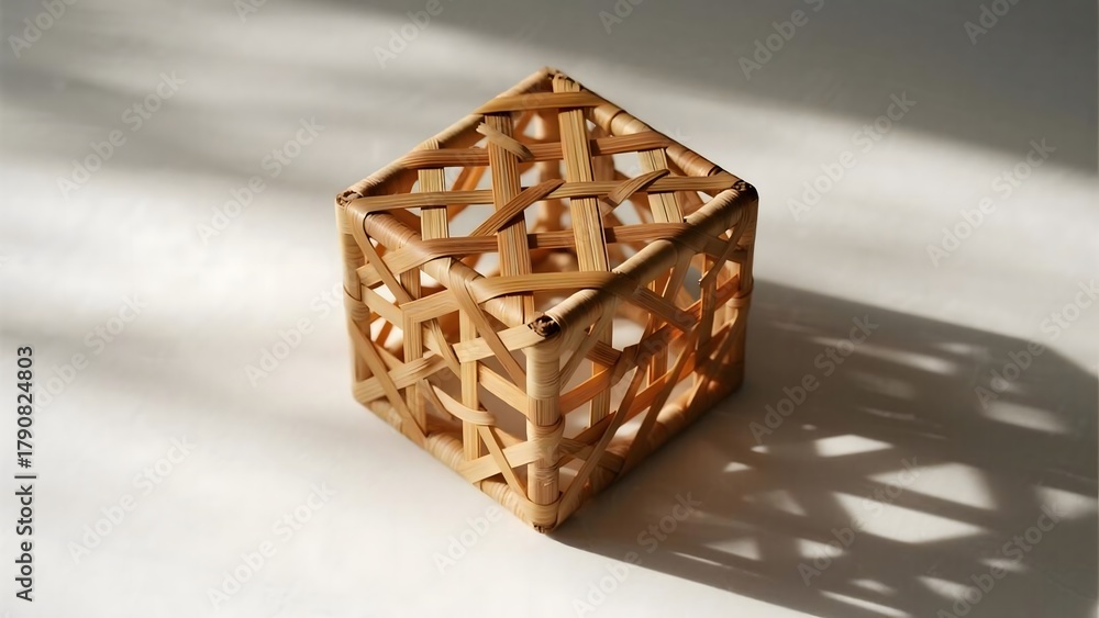 Fototapeta premium Abstract 3D cubic lattice of interwoven bamboo fibers in ochre-sienna tones, realistic weave with subtle shadows, isometric view on white, universal geometric sustainable design stock.