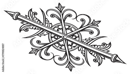 Ornate Medieval Decorative Element Vector, An intricate monochrome illustration of a medieval-style decorative element, featuring crossed arrows or spears adorned with swirling foliage