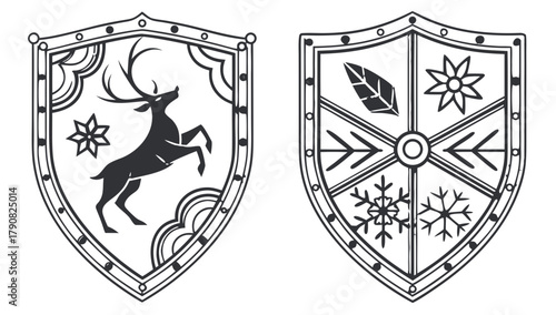 Medieval Winter Shield Emblems Set Silhouette Vector,  A set of two medieval-style shield emblems, one featuring a rearing stag and a star, and the other with various winter and botanical motifs