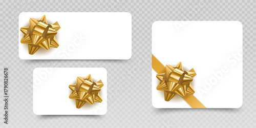 Gift voucher template Bow Elegant White Cards with Golden Bows and Ribbon
