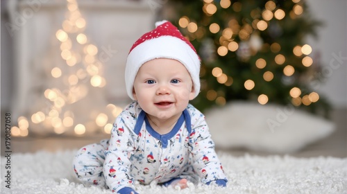 Cute baby crawling in Santa hat and holiday pajamas with Christmas lights glowing behind. Joyful winter scene celebrating first Christmas moments