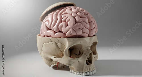 Anatomical rendering showcasing a brain nestled inside a human skull model