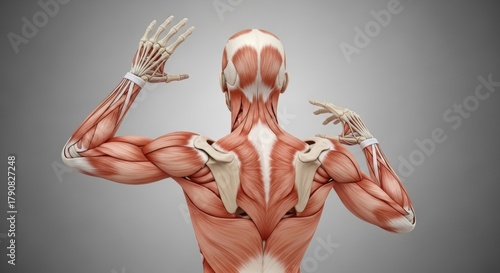 Detailed anatomical rendering showcasing muscles and skeletal structure of the
