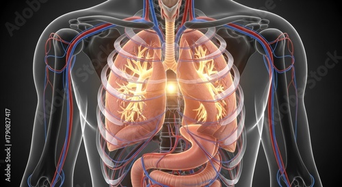 Anatomical representation of the human torso highlighting respiratory system