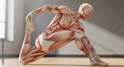 Detailed muscle anatomy of human body performing yoga pose with precision