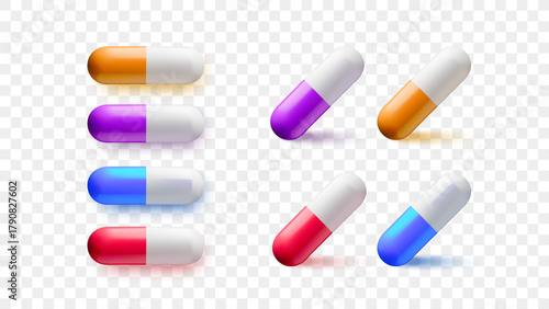 Realistic 3d capsules set. Medical, pharmacy, healthcare, hospital, clinic, telemedicine, insurance, biotechnology concept. Vector transparent isolated illustration.