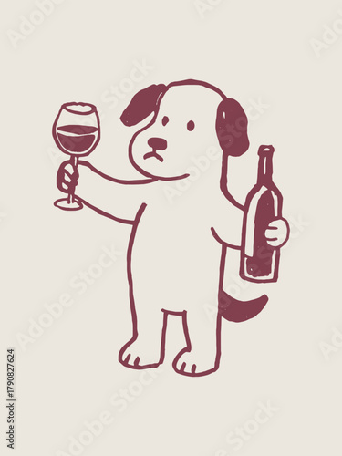 Dog with wine glass and bottle hand drawn sketch vector illustration